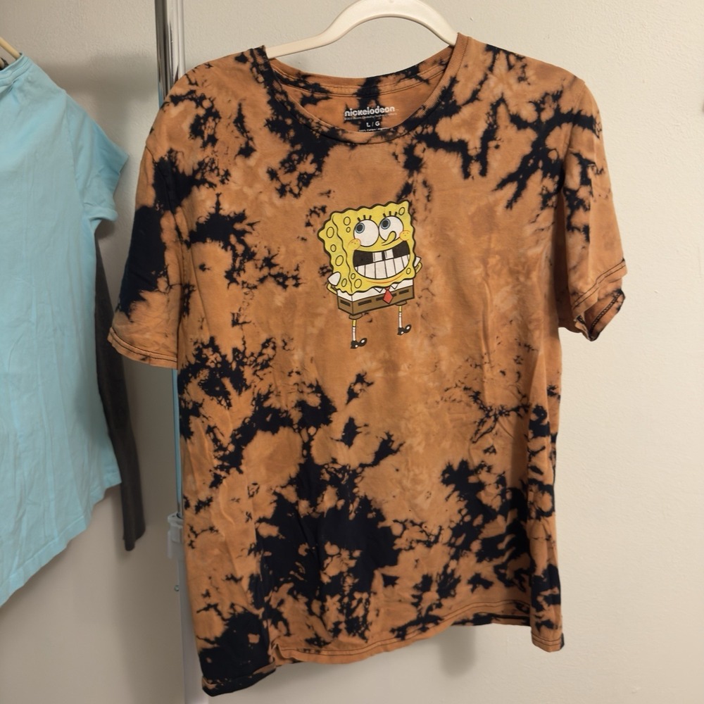 Nickelodeon Sponge Bob Nice T Shirt L Black Brown Tie Dye Short Sleeve Square
